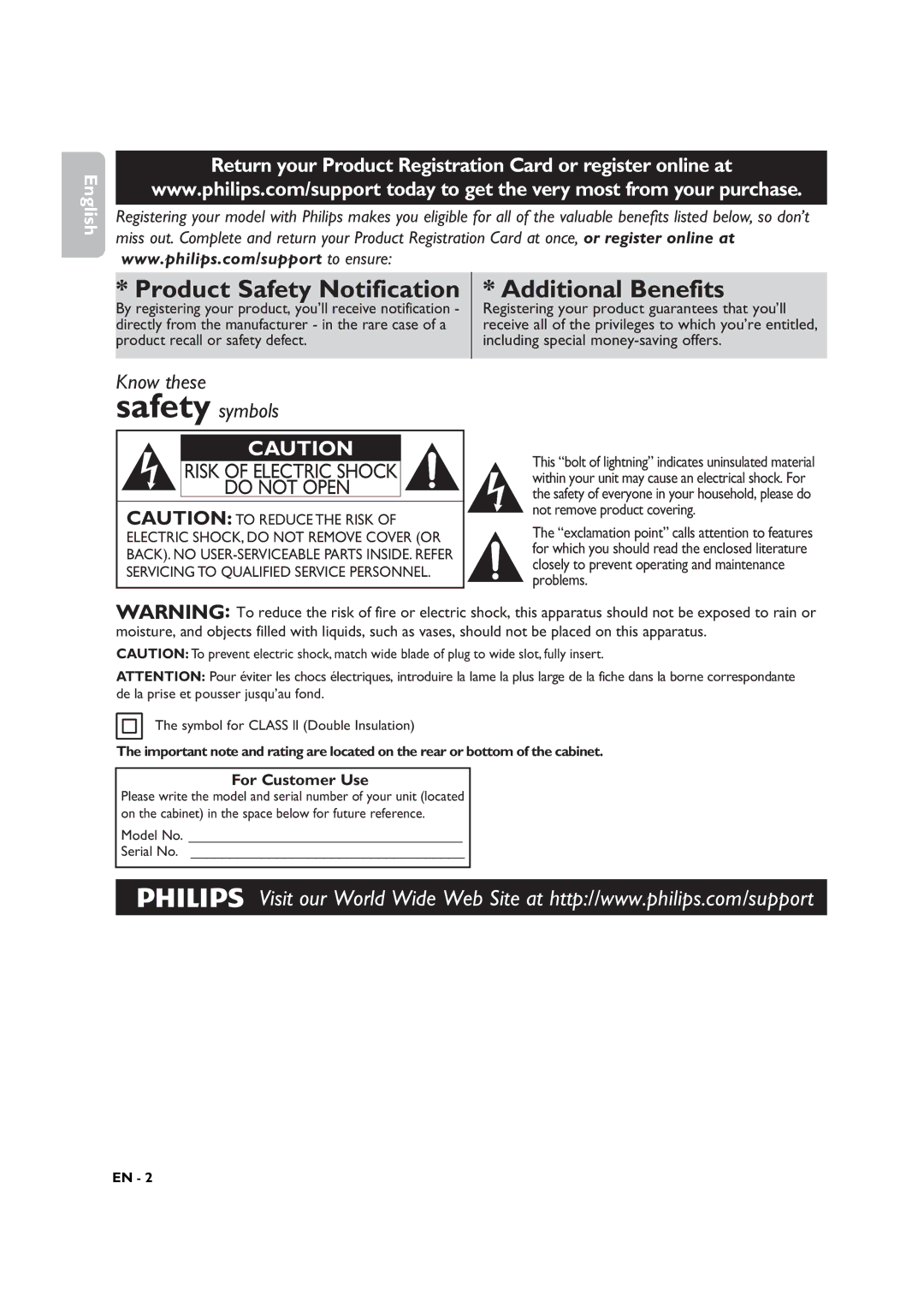 Philips DVP3345VB By registering your product, you’ll receive notification, Symbol for Class ll Double Insulation 