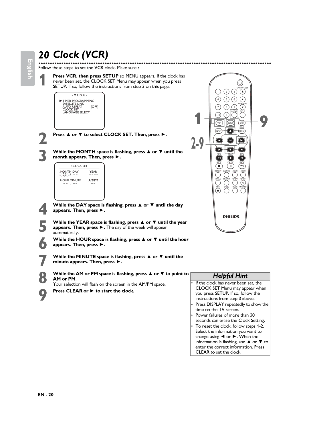 Philips DVP3345VB Your selection will flash on the screen in the AM/PM space, Press Clear or to start the clock 