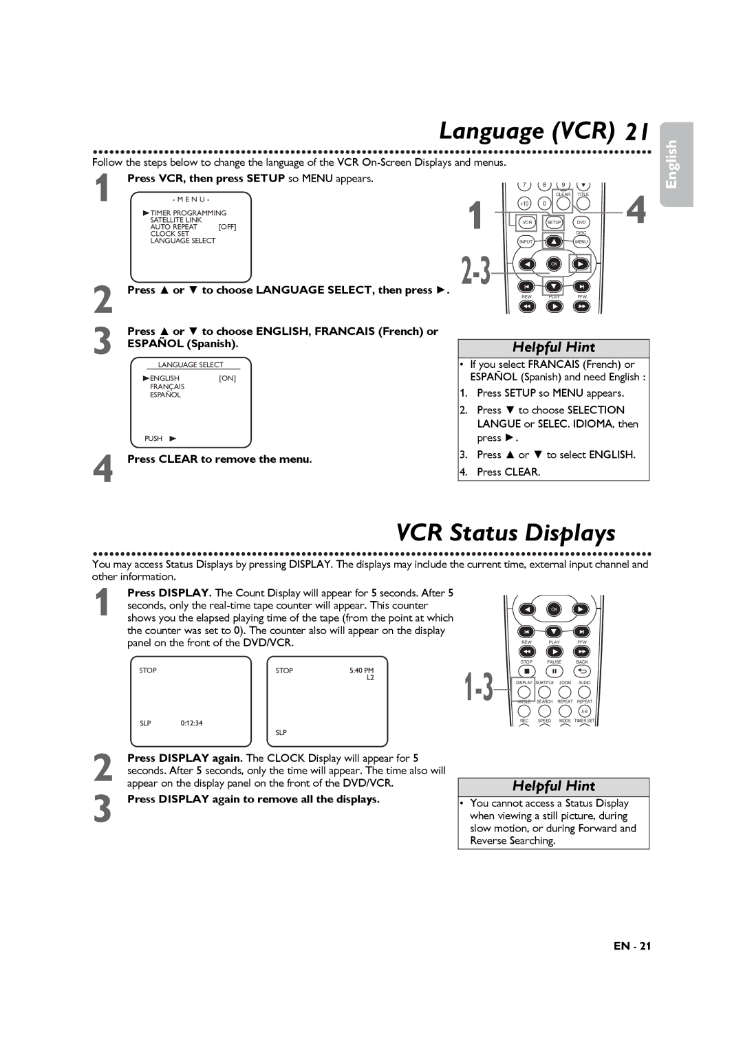 Philips DVP3345VB VCR Status Displays, Press VCR, then press Setup so Menu appears, Press Clear to remove the menu 