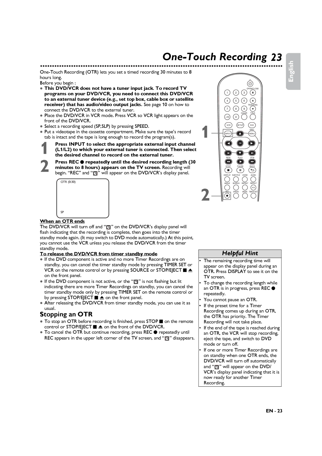 Philips DVP3345VB manuel dutilisation One-Touch Recording 