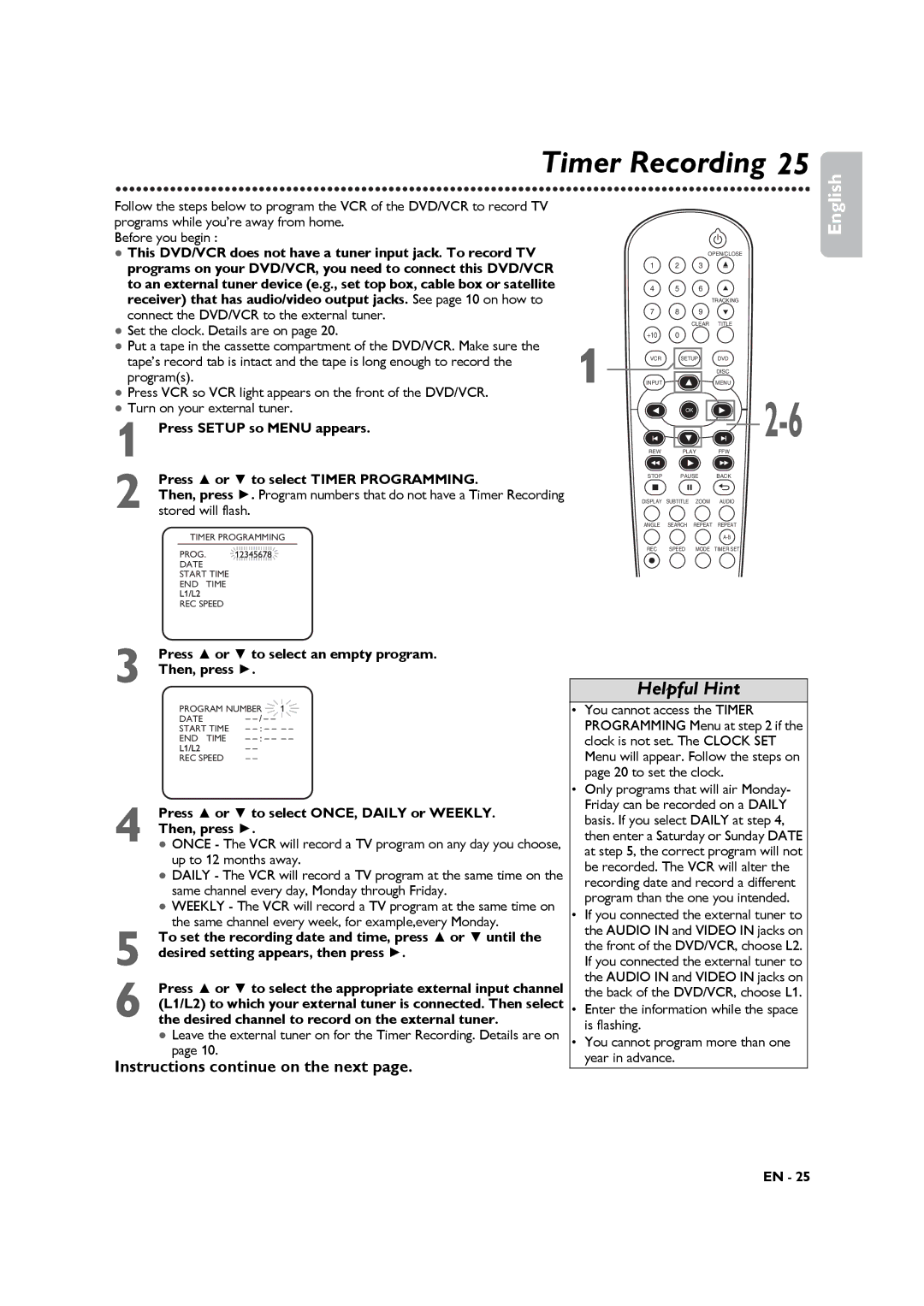 Philips DVP3345VB manuel dutilisation Timer Recording, Press or to select ONCE, Daily or Weekly 