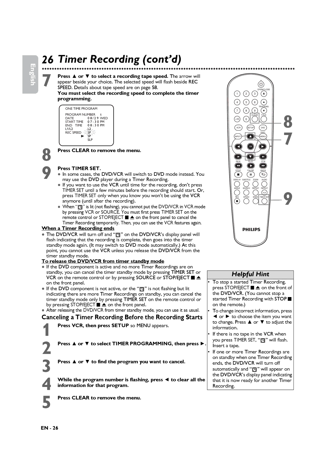 Philips DVP3345VB manuel dutilisation Timer Recording cont’d 