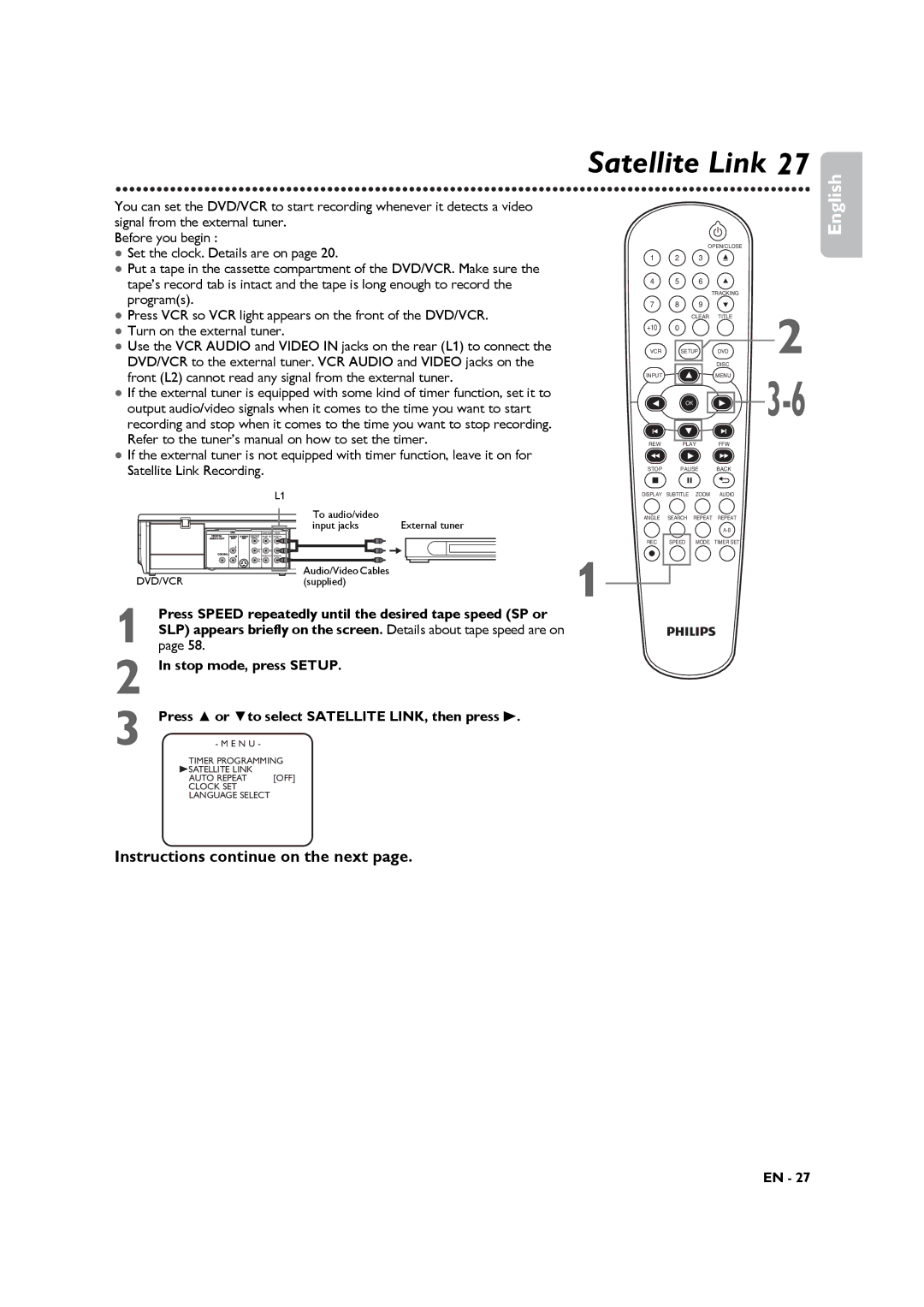 Philips DVP3345VB manuel dutilisation Satellite Link, Input jacks 