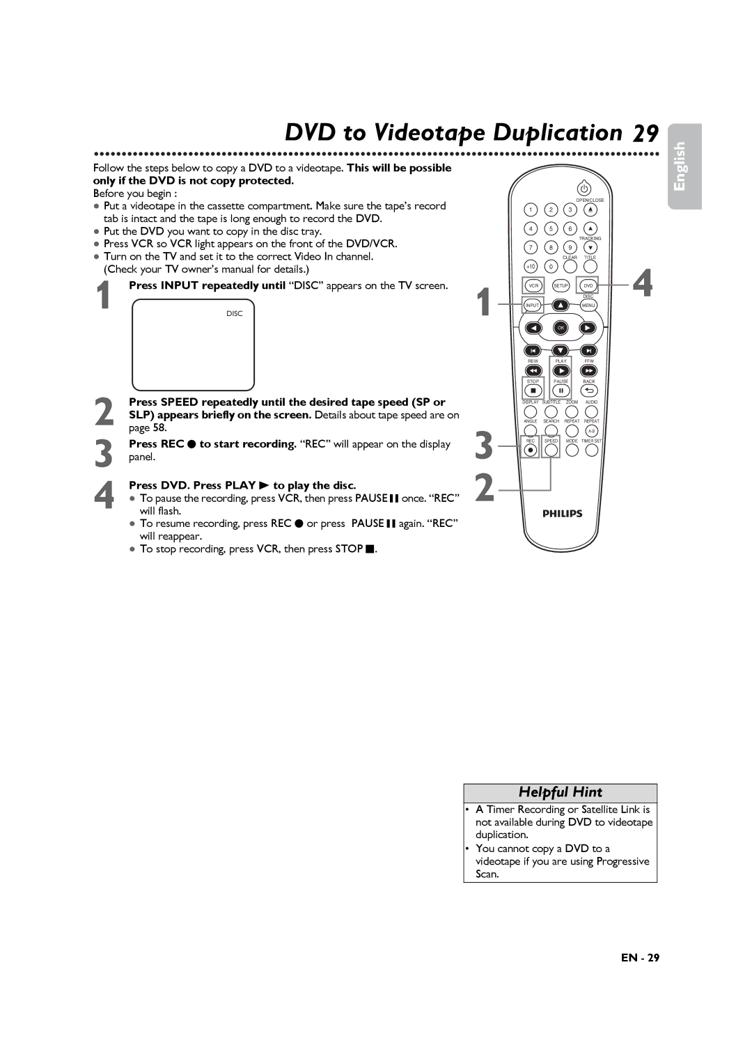 Philips DVP3345VB manuel dutilisation DVD to Videotape Duplication 