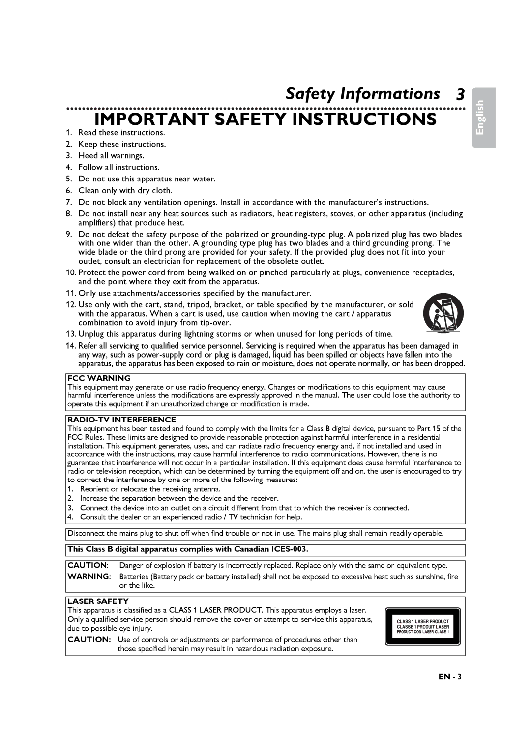 Philips DVP3345VB manuel dutilisation Safety Informations, Important Safety Instructions 