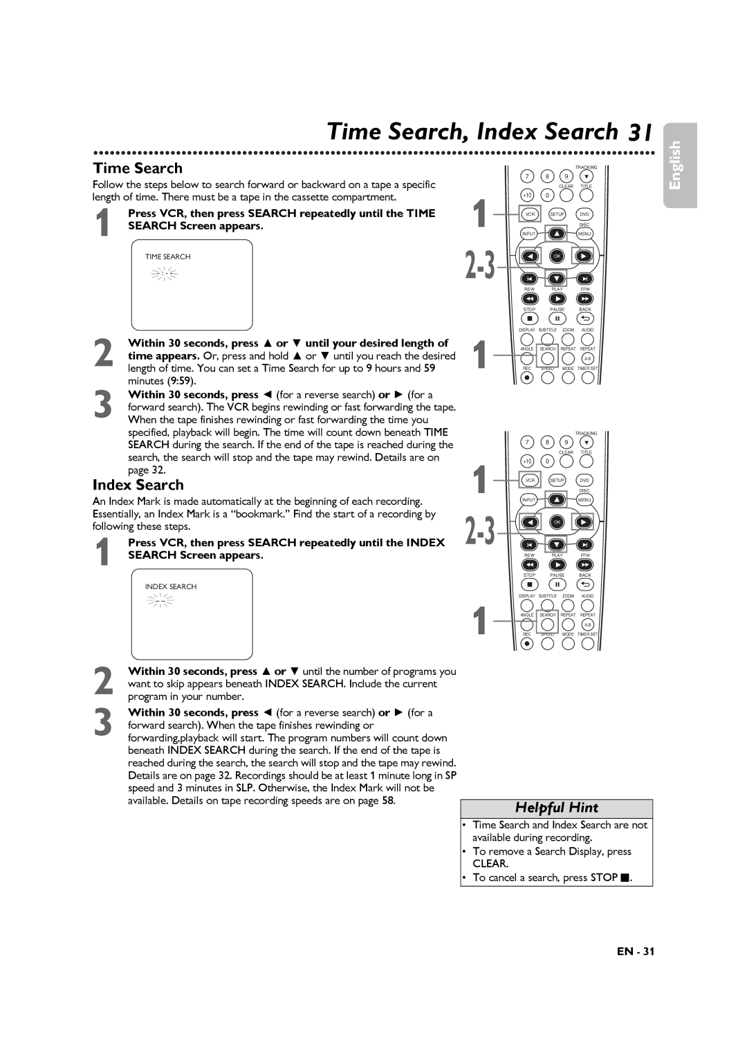 Philips DVP3345VB Time Search, Index Search, Press VCR, then press Search repeatedly until the Time, Search Screen appears 