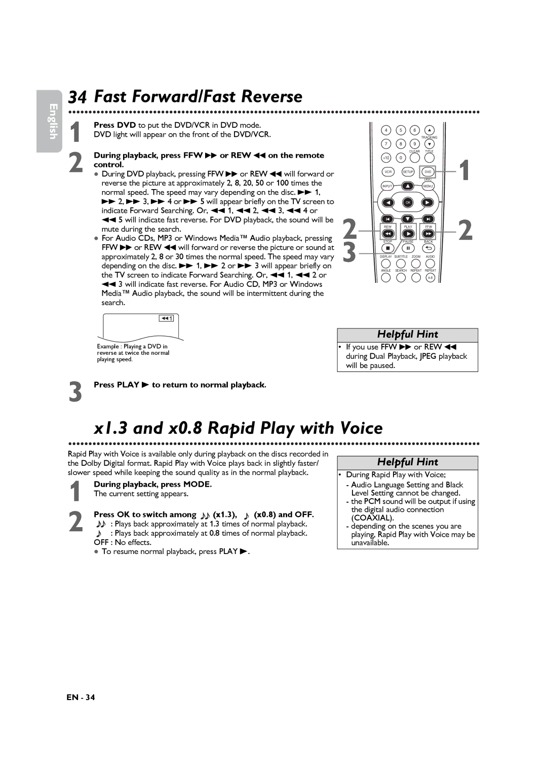 Philips DVP3345VB manuel dutilisation Fast Forward/Fast Reverse, X1.3 and x0.8 Rapid Play with Voice 