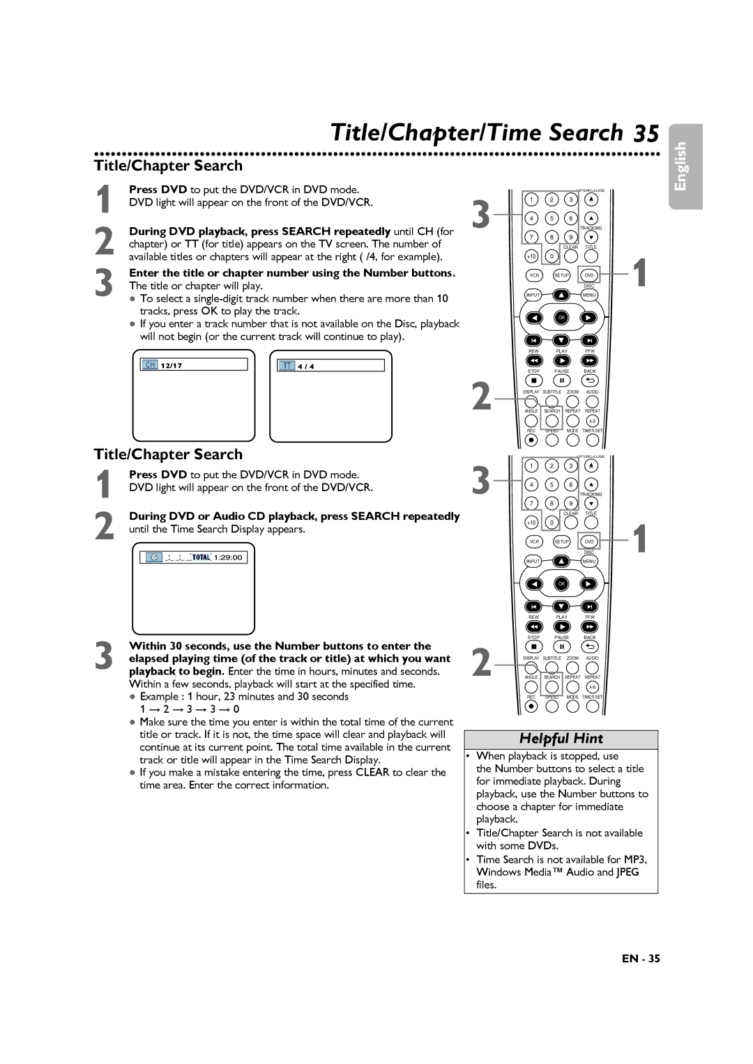 Philips DVP3345VB manuel dutilisation Title/Chapter Search, During DVD playback, press Search repeatedly until CH for 