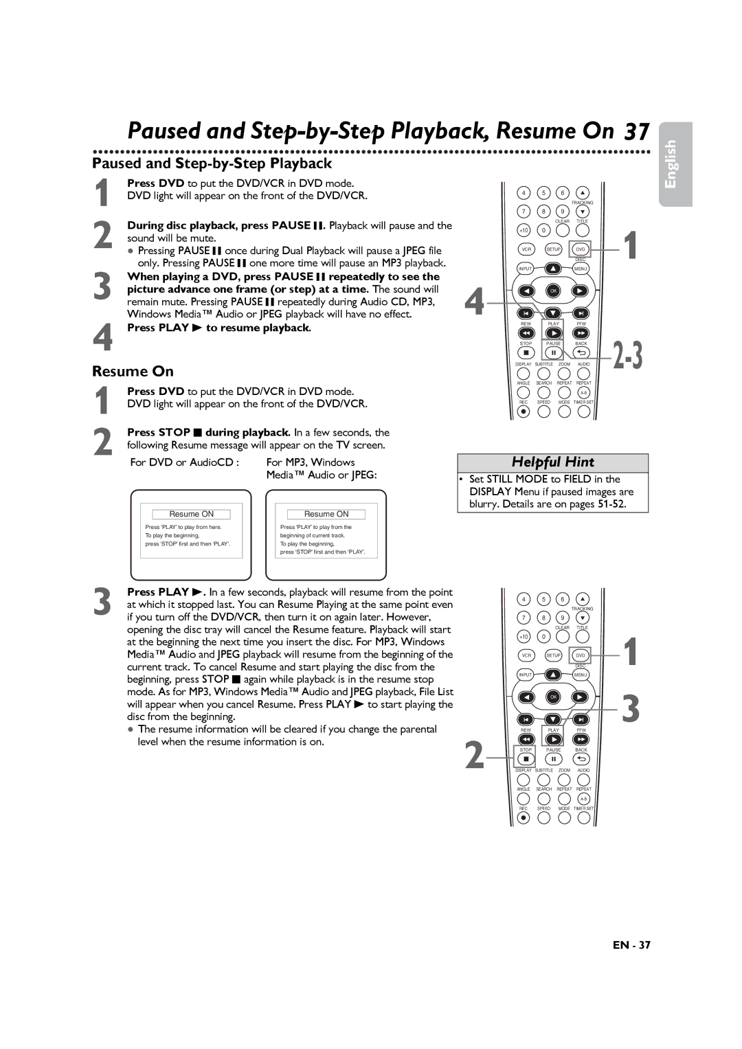 Philips DVP3345VB manuel dutilisation Paused and Step-by-Step Playback, Resume On 