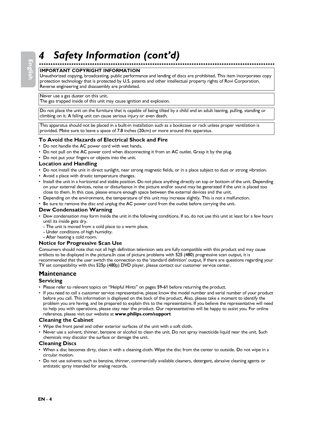 Philips DVP3345VB manuel dutilisation Safety Information cont’d, Maintenance 