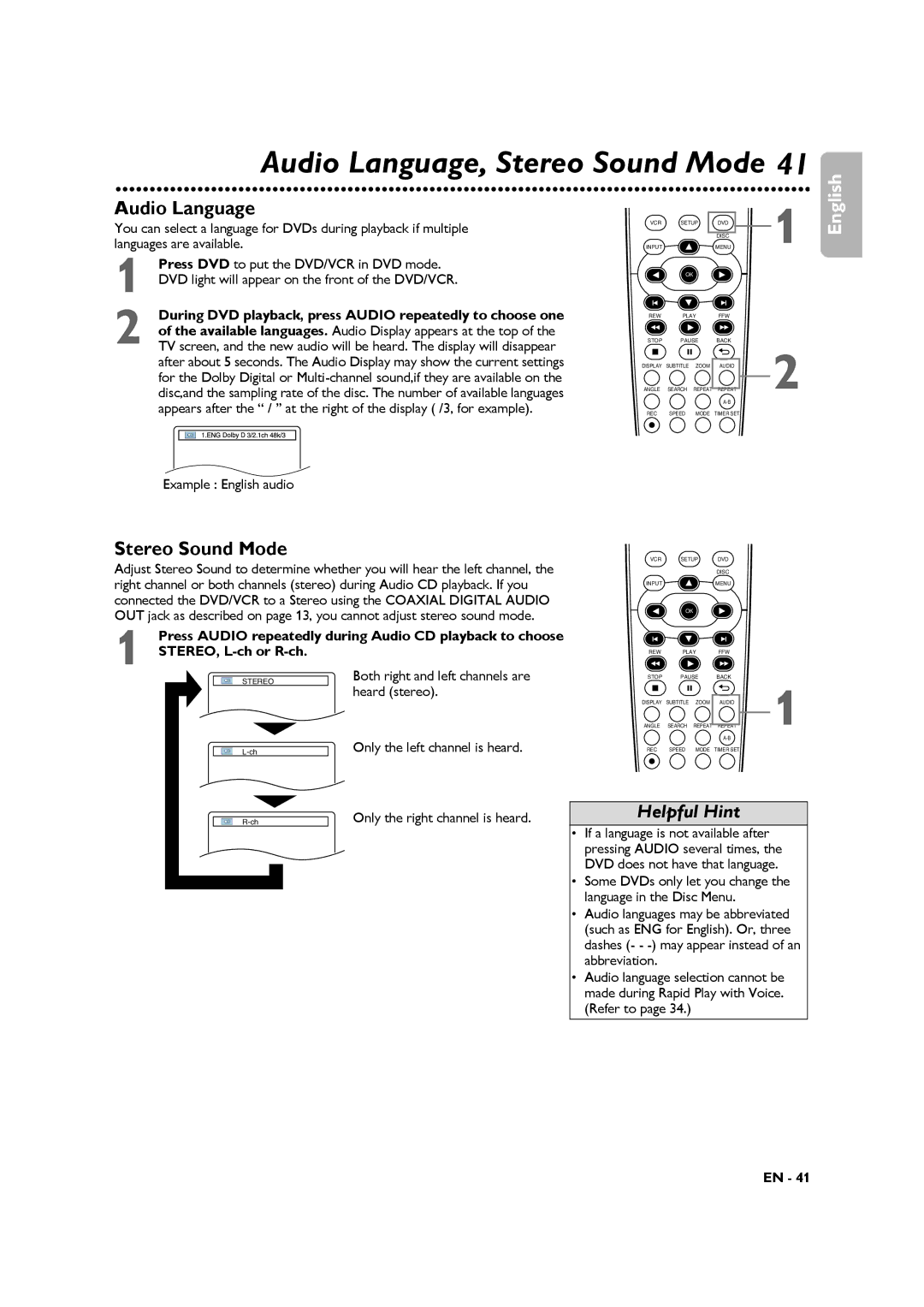 Philips DVP3345VB Audio Language, Stereo Sound Mode, Some DVDs only let you change the language in the Disc Menu 