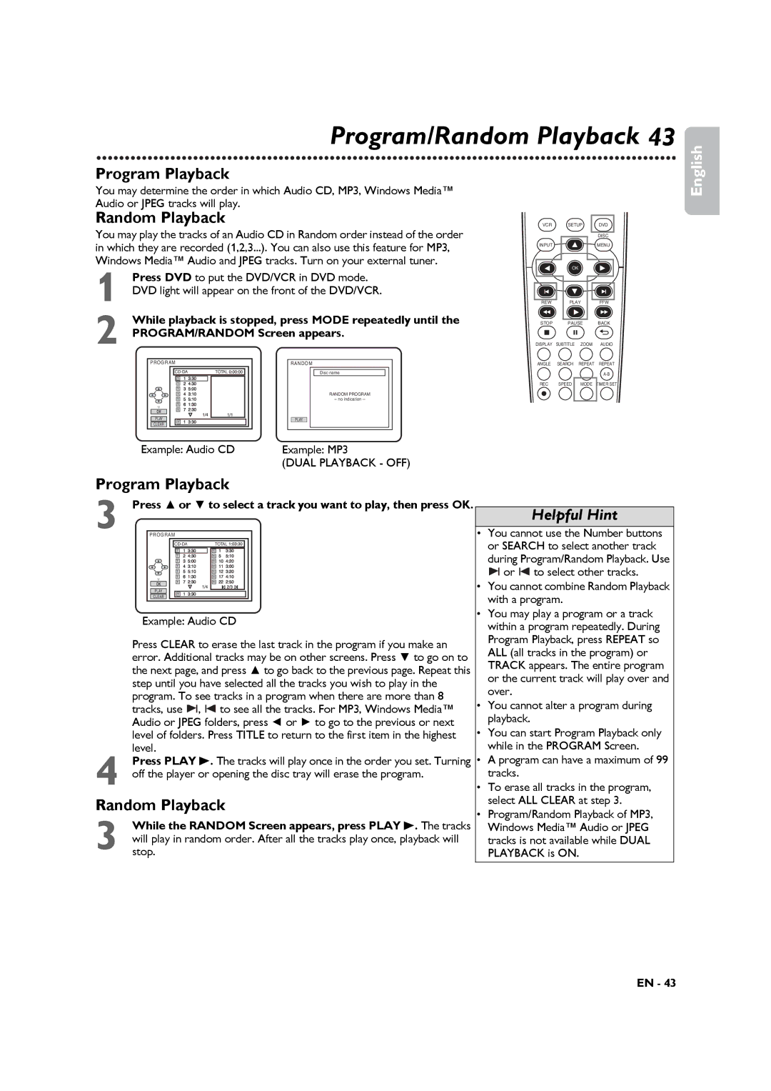 Philips DVP3345VB manuel dutilisation Program/Random Playback, Program Playback, Example Audio CD Example MP3 