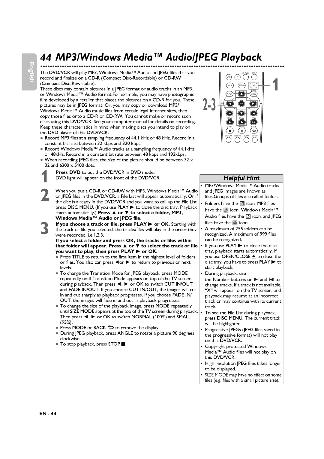 Philips DVP3345VB manuel dutilisation 44 MP3/Windows Media Audio/JPEG Playback 