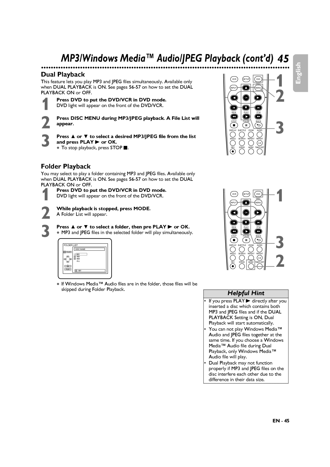 Philips DVP3345VB manuel dutilisation Dual Playback, Folder Playback 