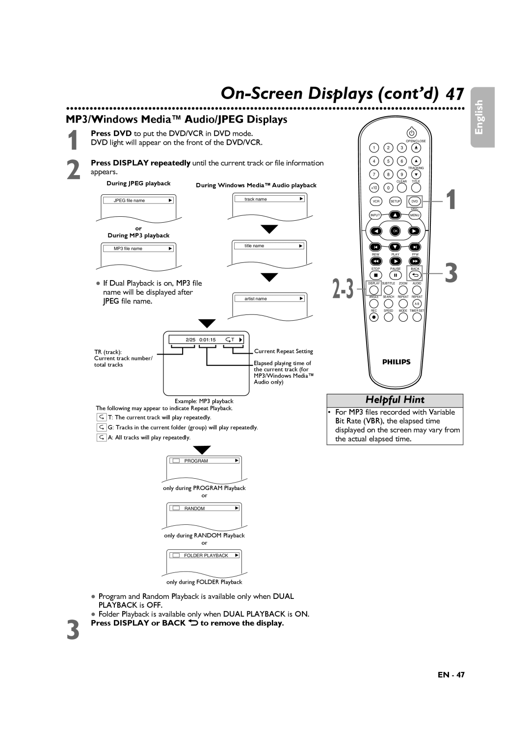 Philips DVP3345VB manuel dutilisation On-Screen Displays cont’d, MP3/Windows Media Audio/JPEG Displays 