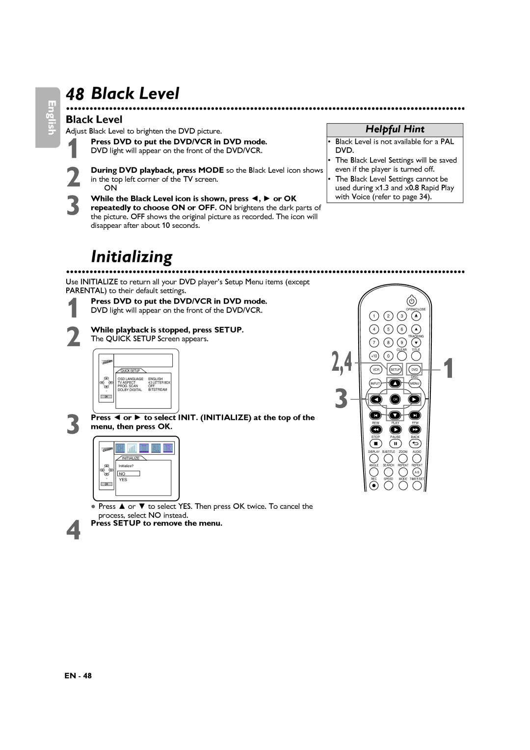 Philips DVP3345VB manuel dutilisation Black Level is not available for a PAL DVD, Press Setup to remove the menu 