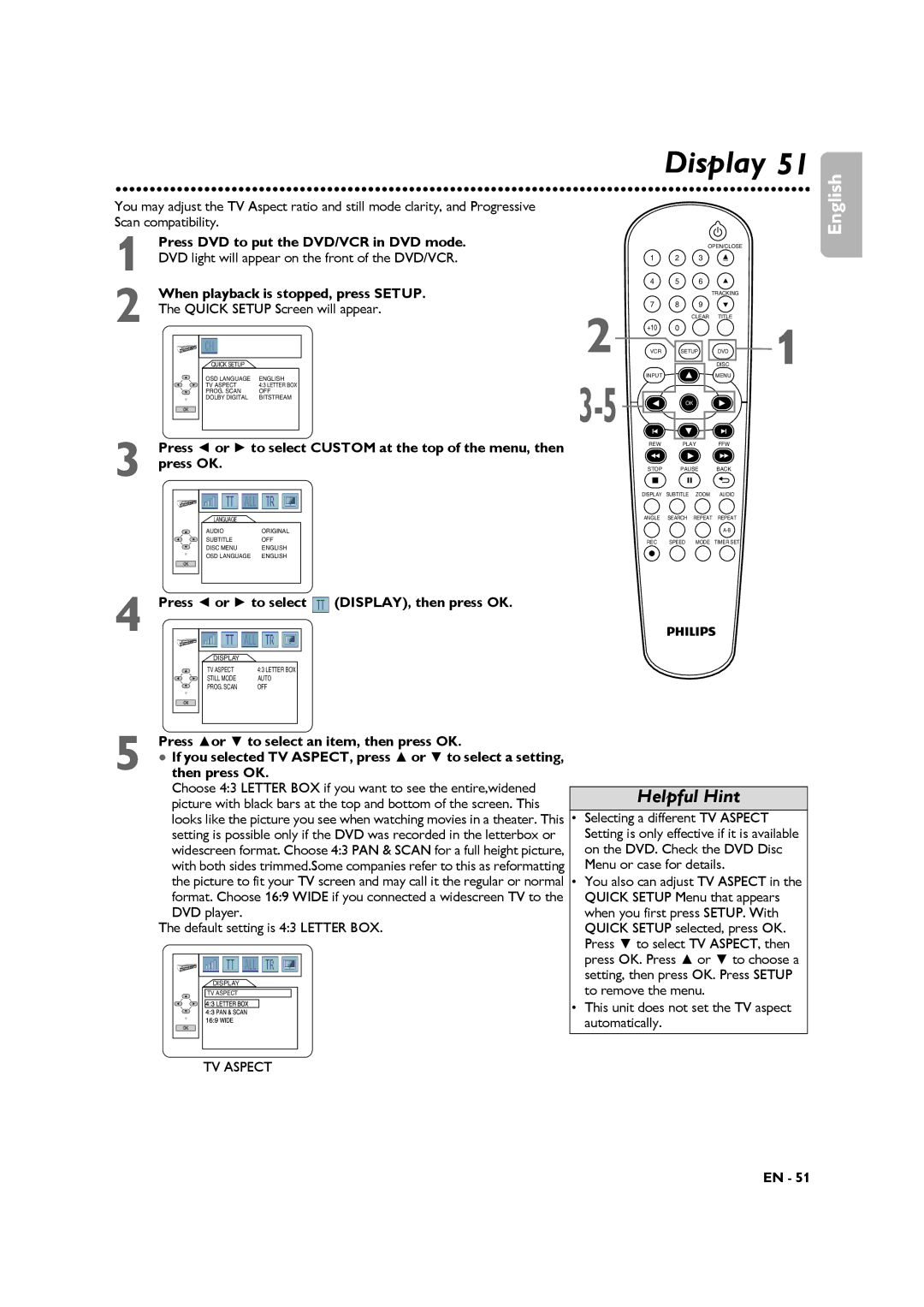 Philips DVP3345VB Display, Press or to select DISPLAY, then press OK, This unit does not set the TV aspect automatically 