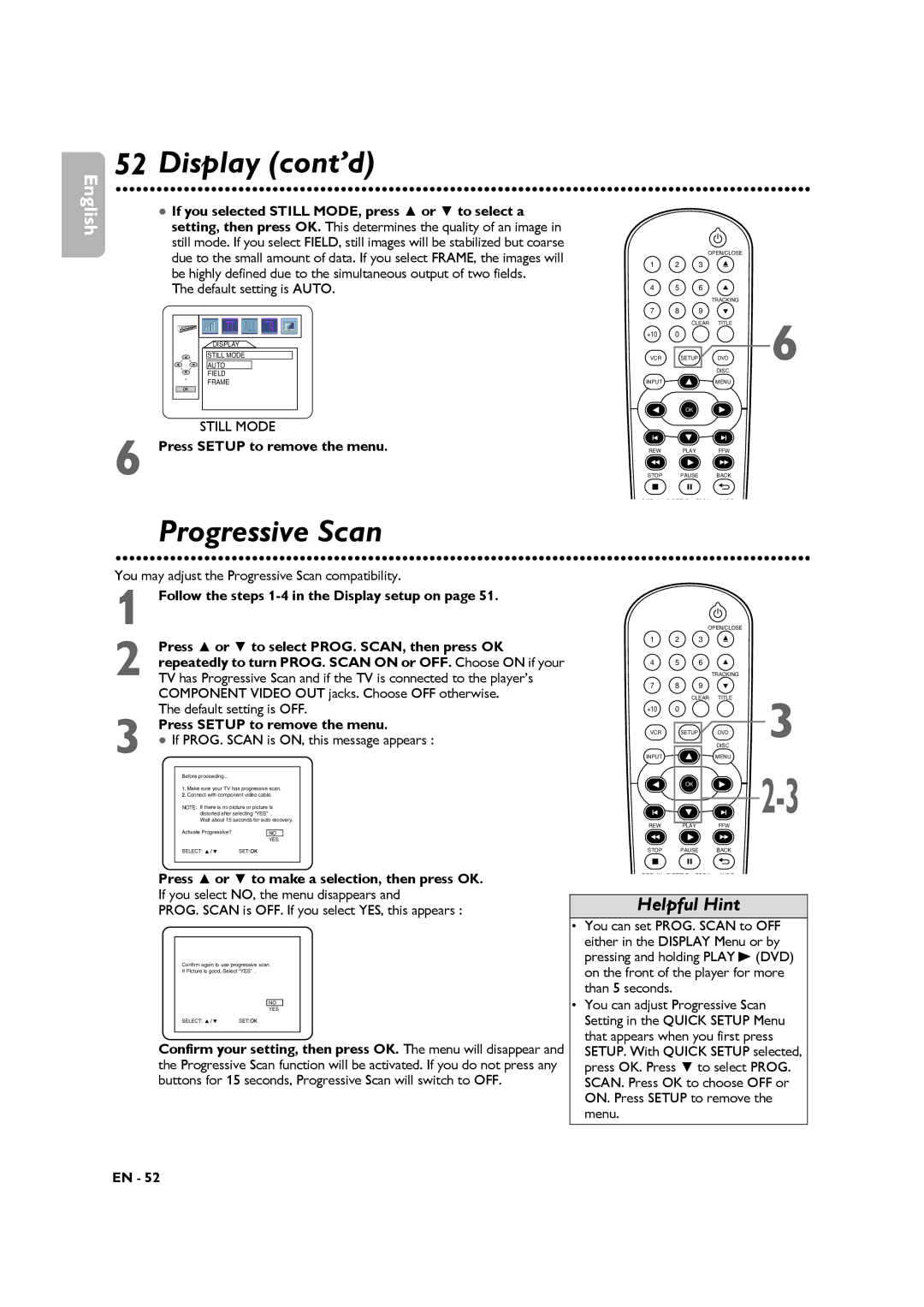 Philips DVP3345VB Display cont’d, Progressive Scan, Default setting is Auto, Press or to make a selection, then press OK 