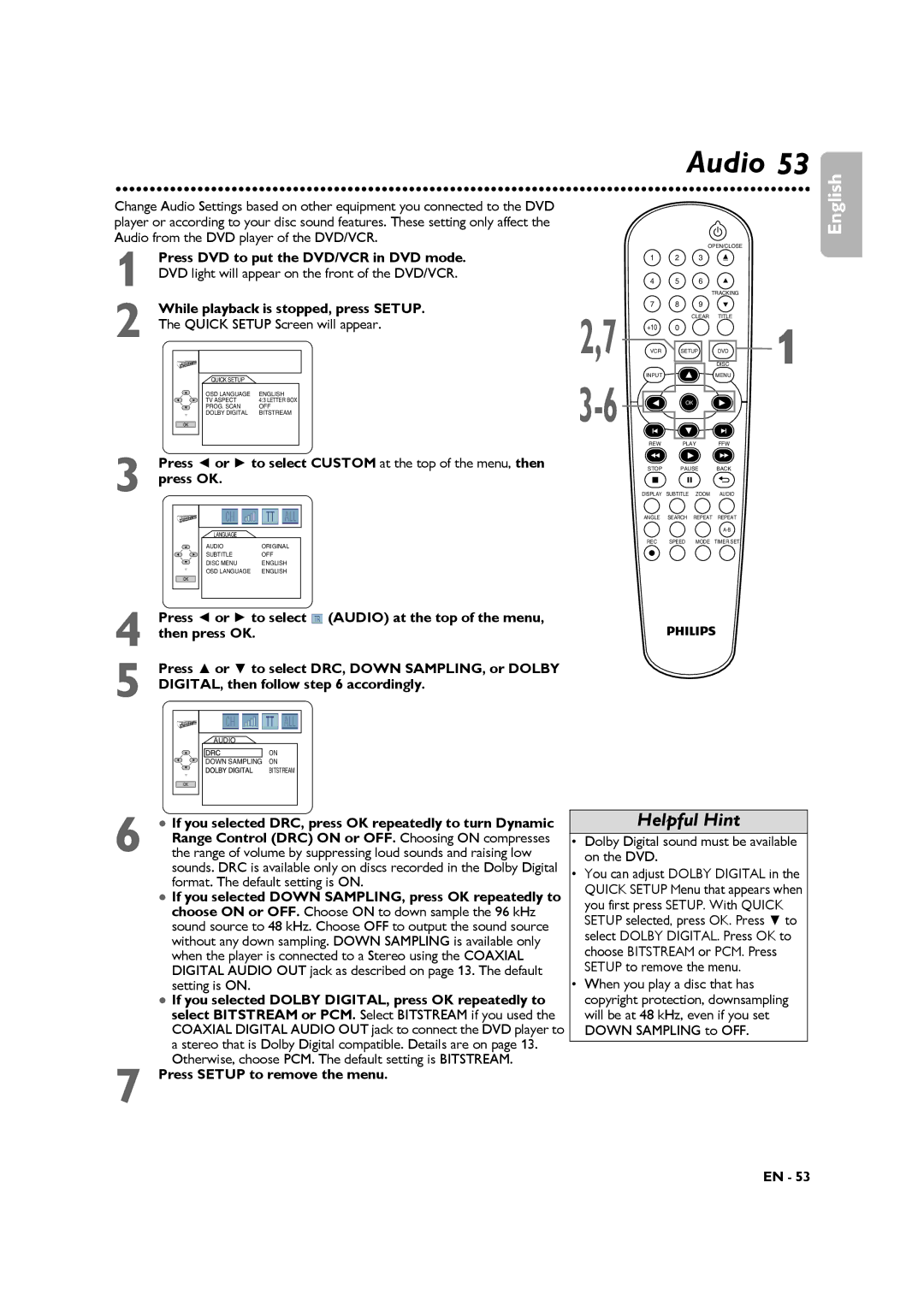 Philips DVP3345VB manuel dutilisation Audio, If you selected DRC, press OK repeatedly to turn Dynamic 