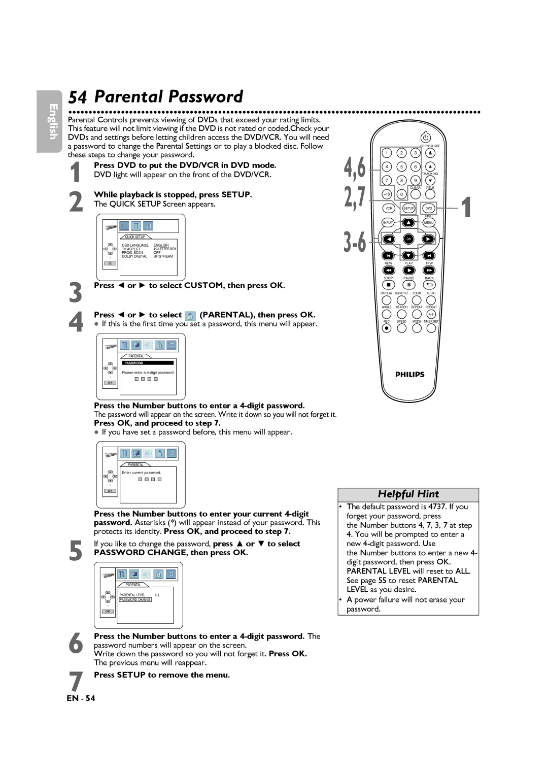 Philips DVP3345VB These steps to change your password, While playback is stopped, press Setup, Quick Setup Screen appears 