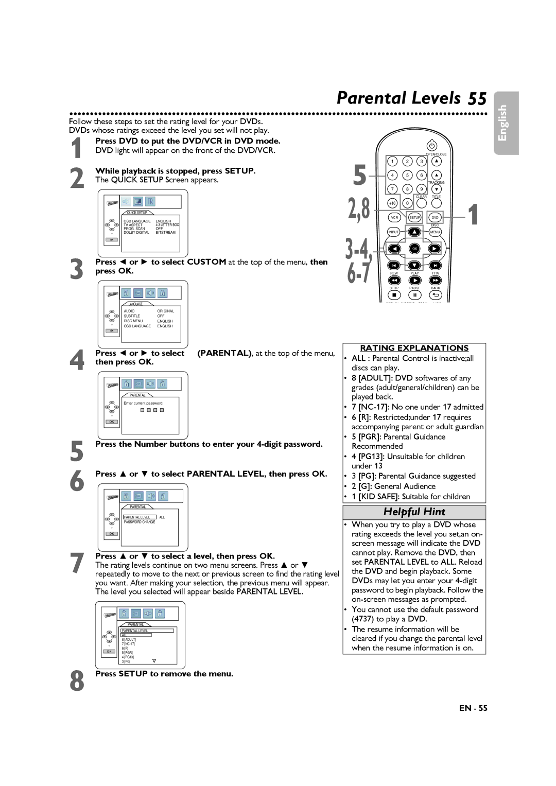 Philips DVP3345VB Press or to select a level, then press OK, You cannot use the default password 4737 to play a DVD 