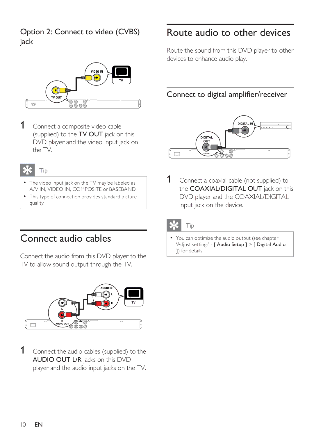 Philips DVP3350K user manual Route audio to other devices, Connect audio cables, Option 2 Connect to video Cvbs jack 