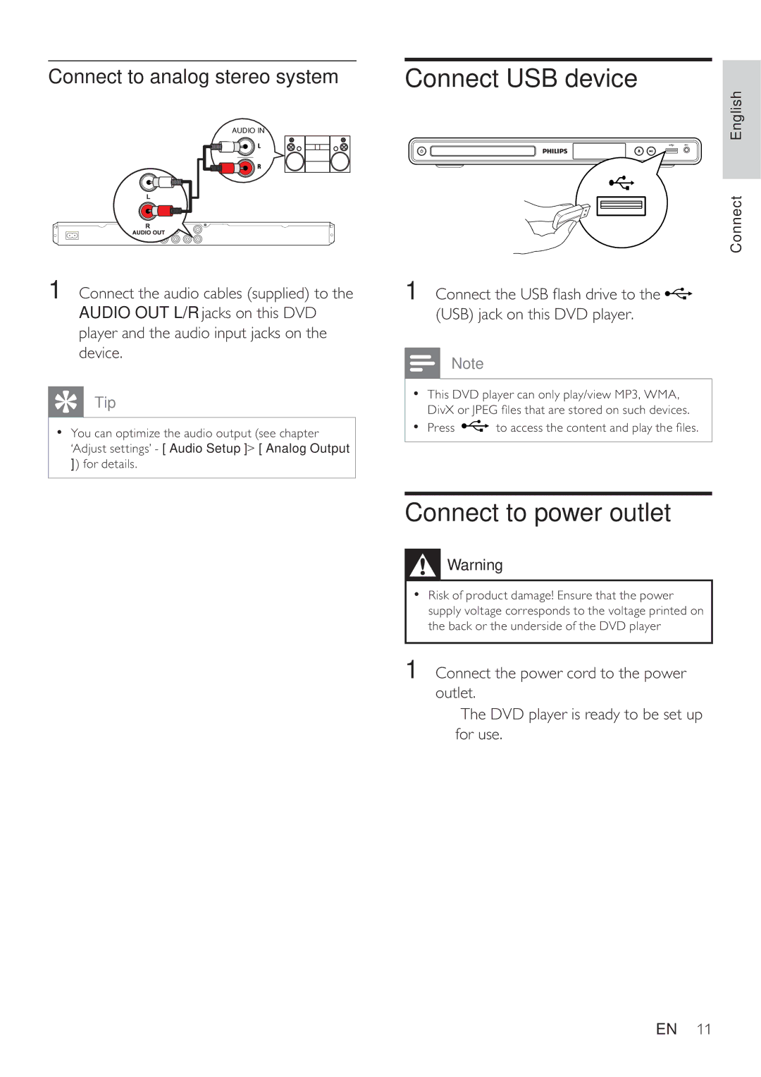 Philips DVP3350K user manual Connect USB device, Connect to power outlet, Connect to analog stereo system 