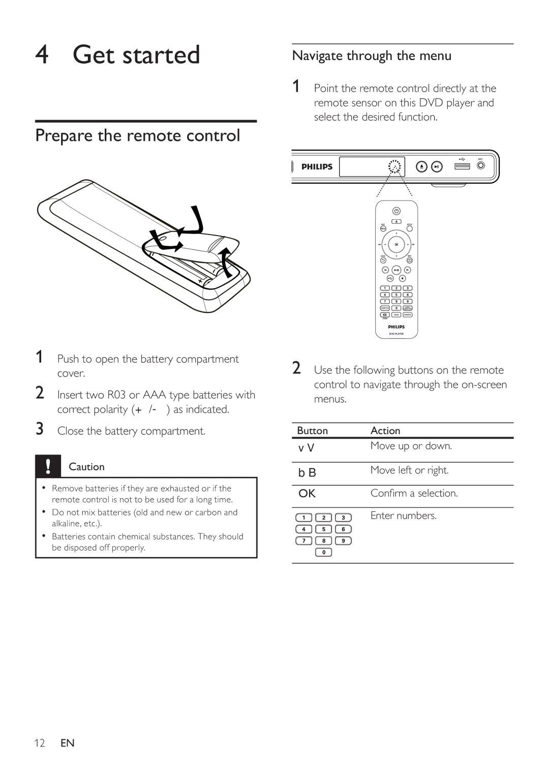 Philips DVP3350K user manual Get started, Prepare the remote control, Navigate through the menu 