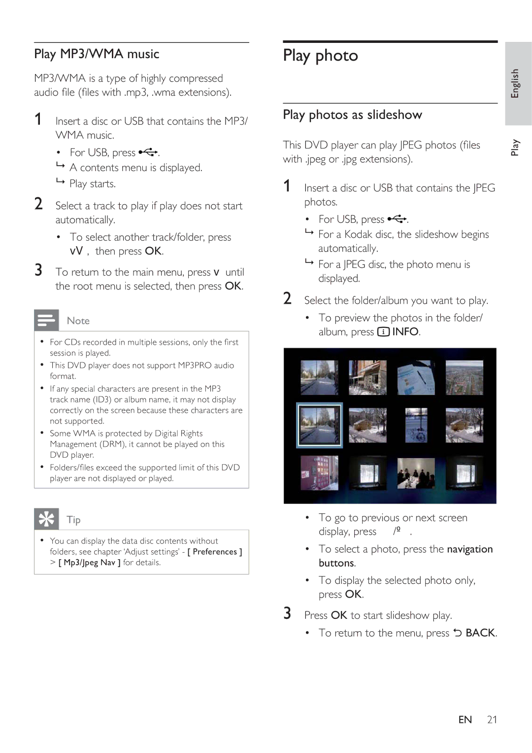 Philips DVP3350K user manual Play MP3/WMA music, Play photos as slideshow 
