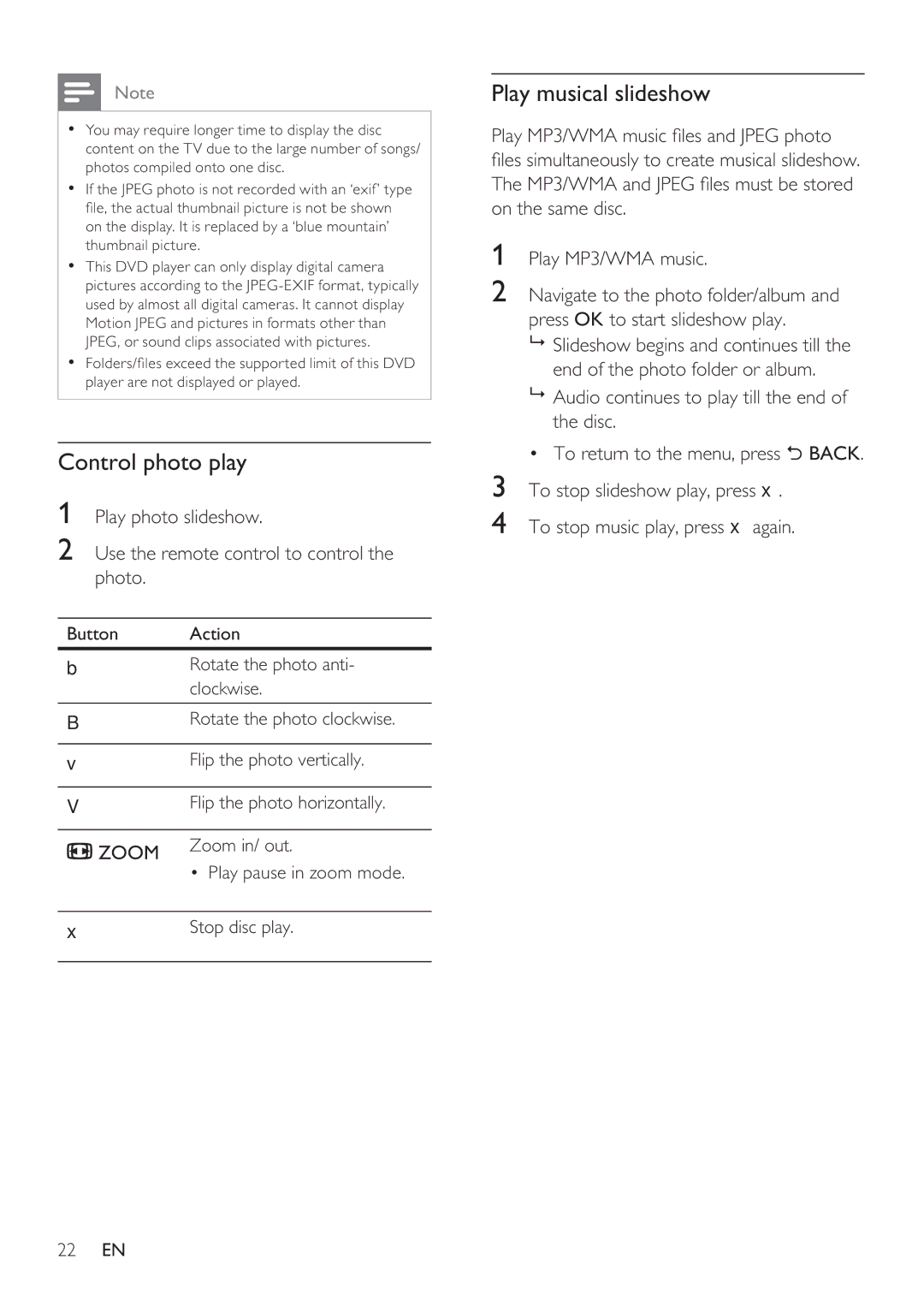 Philips DVP3350K user manual Control photo play, Play musical slideshow 