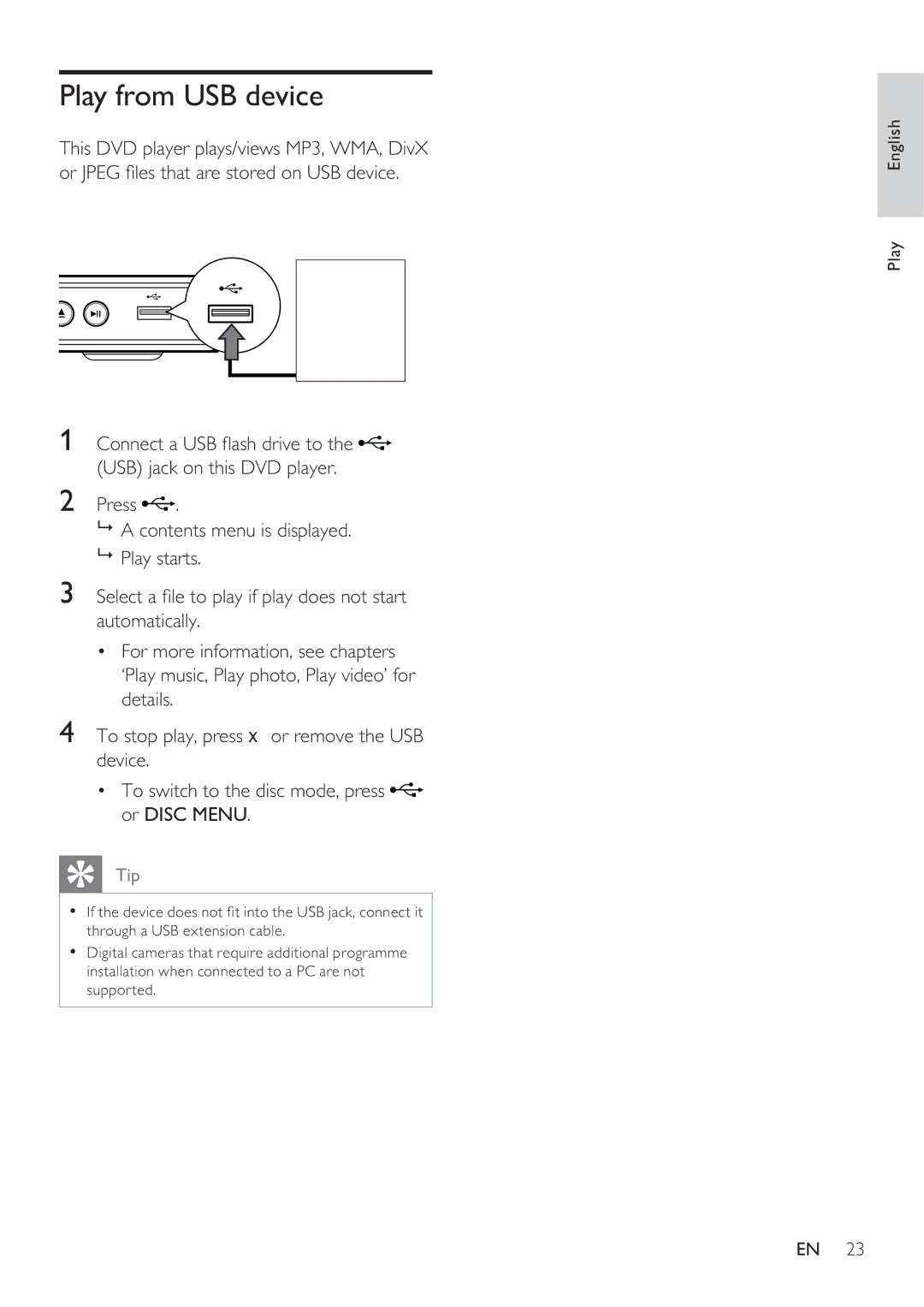 Philips DVP3350K user manual Play from USB device 