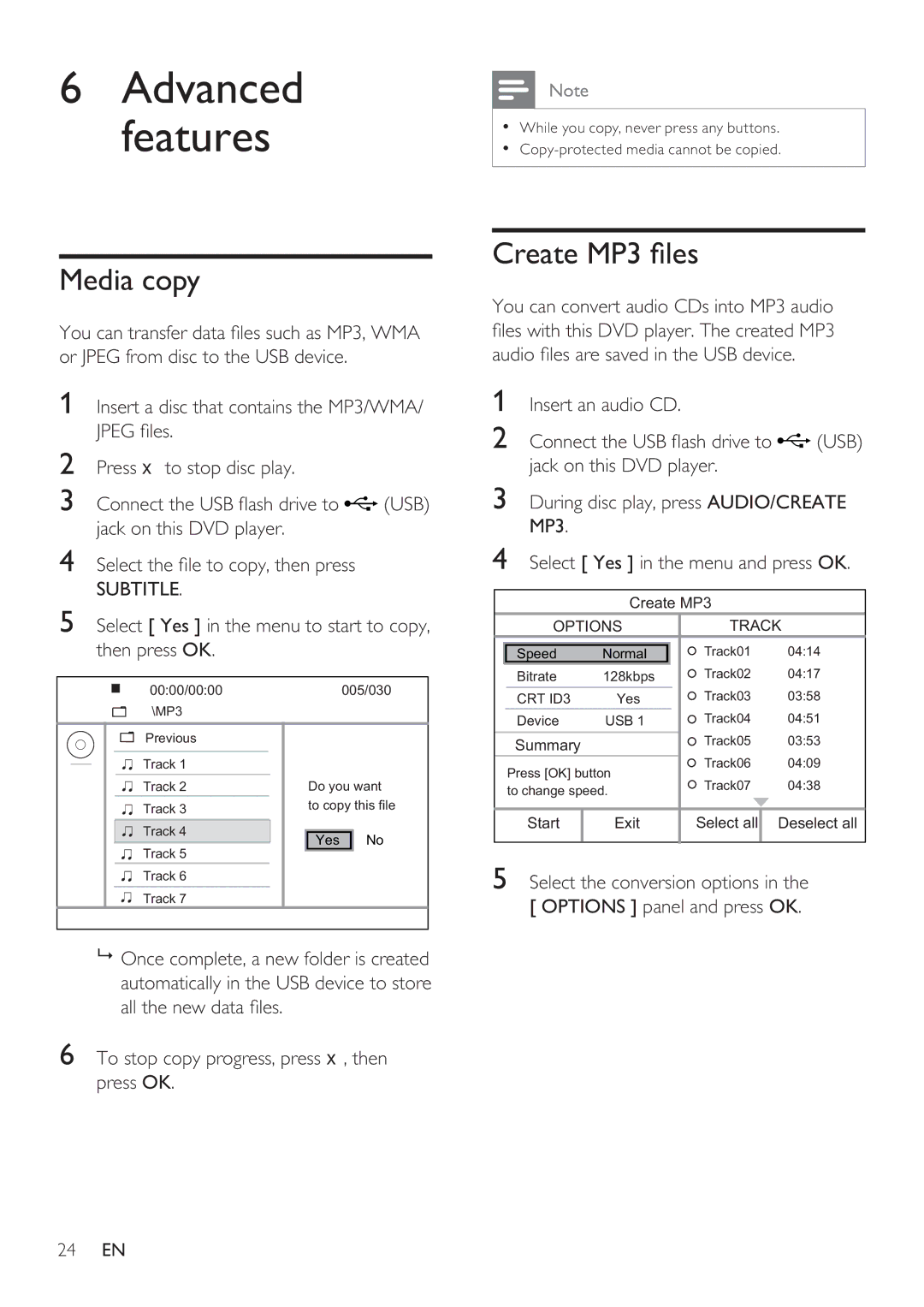 Philips DVP3350K user manual Media copy, Create MP3 les, Select Yes in the menu to start to copy, then press OK 