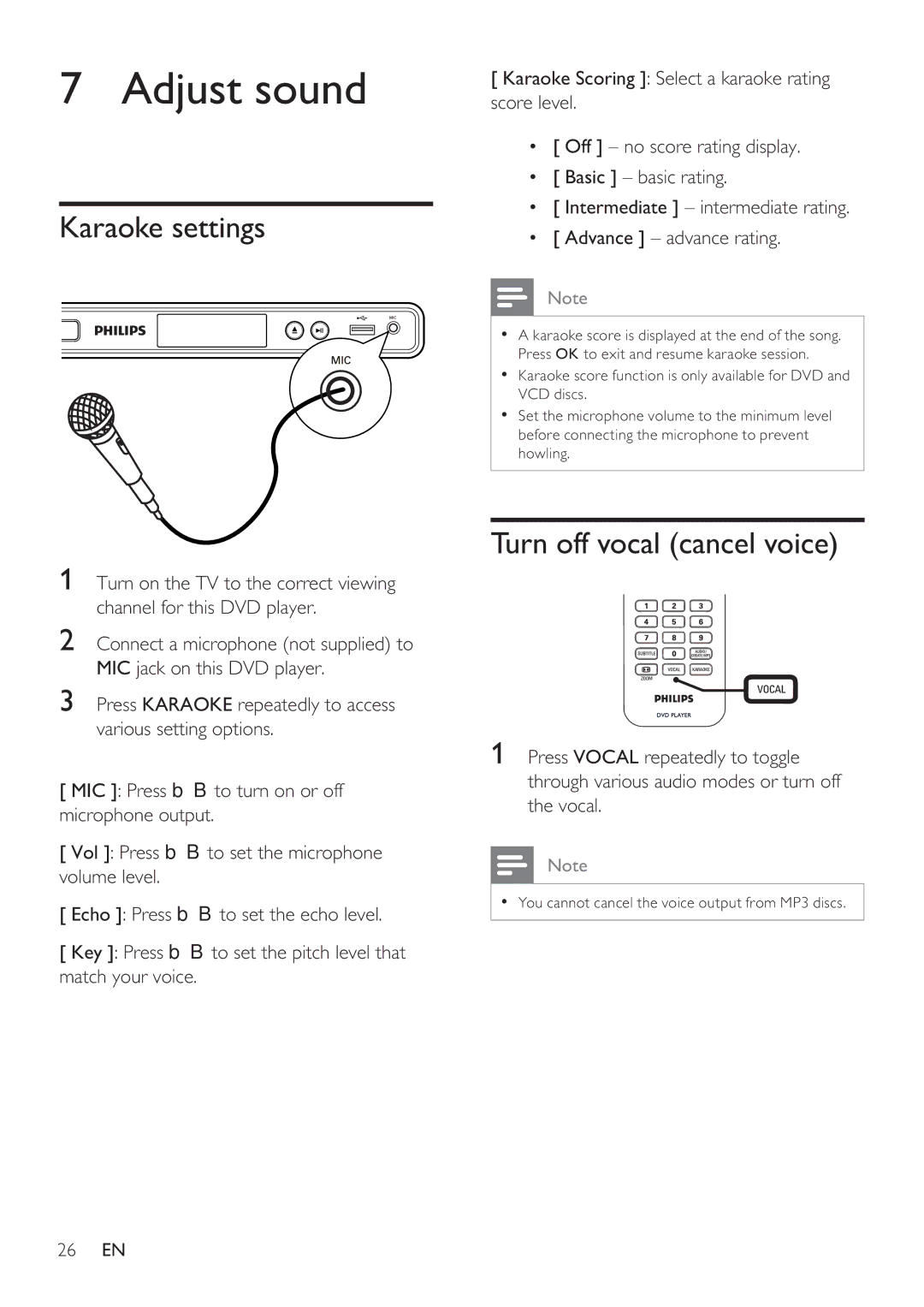 Philips DVP3350K user manual Adjust sound, Karaoke settings, Turn off vocal cancel voice 