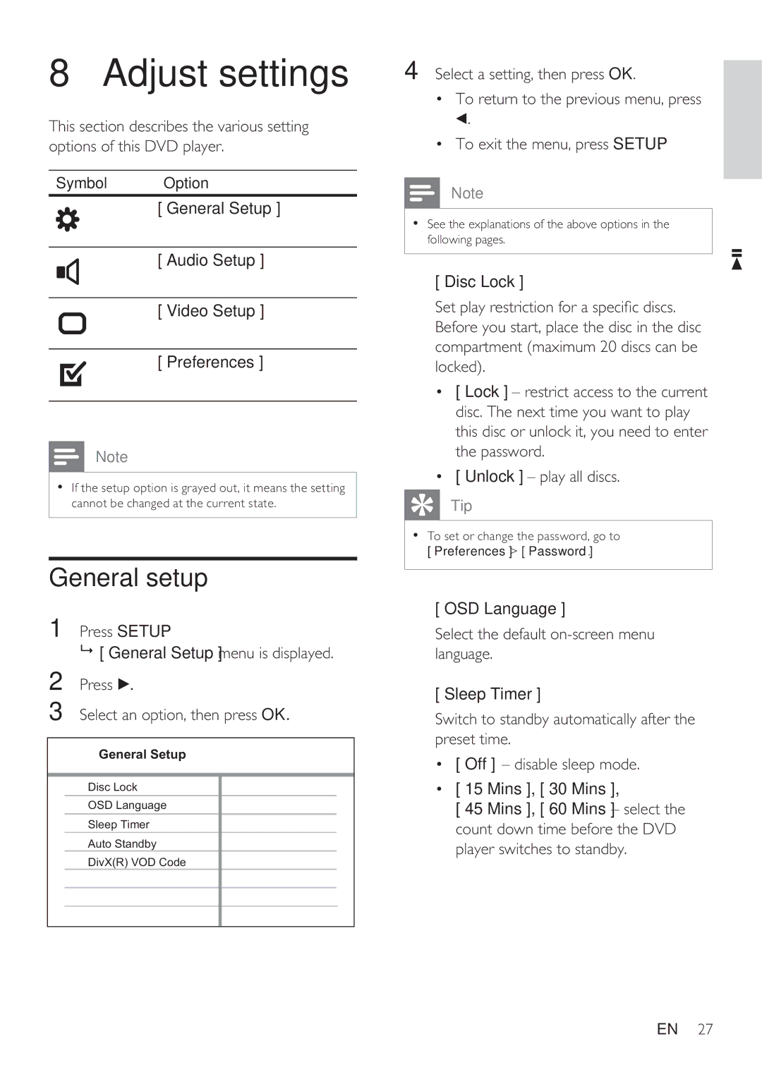 Philips DVP3350K user manual Adjust settings, General setup 