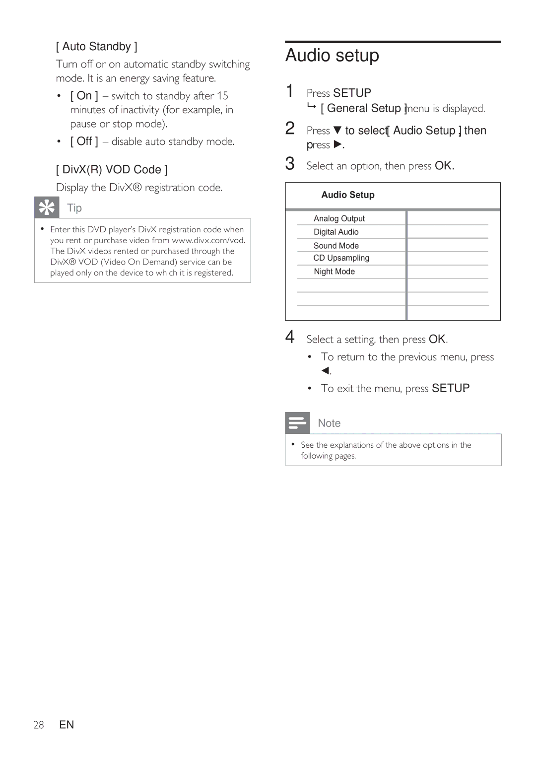 Philips DVP3350K user manual Audio setup, Auto Standby 