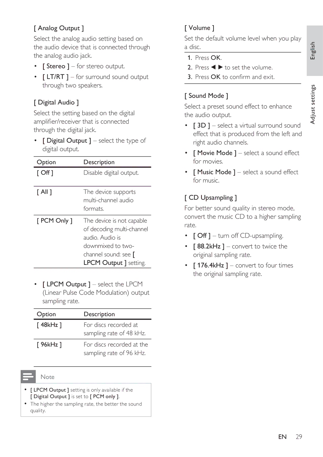 Philips DVP3350K user manual Volume Set the default volume level when you play Disc, Option Description 