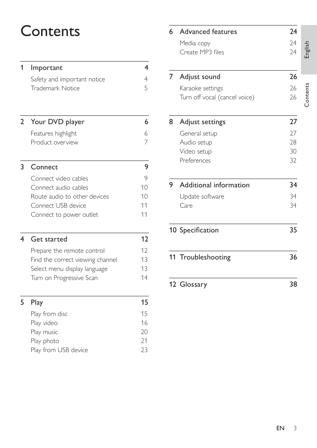 Philips DVP3350K user manual Contents 