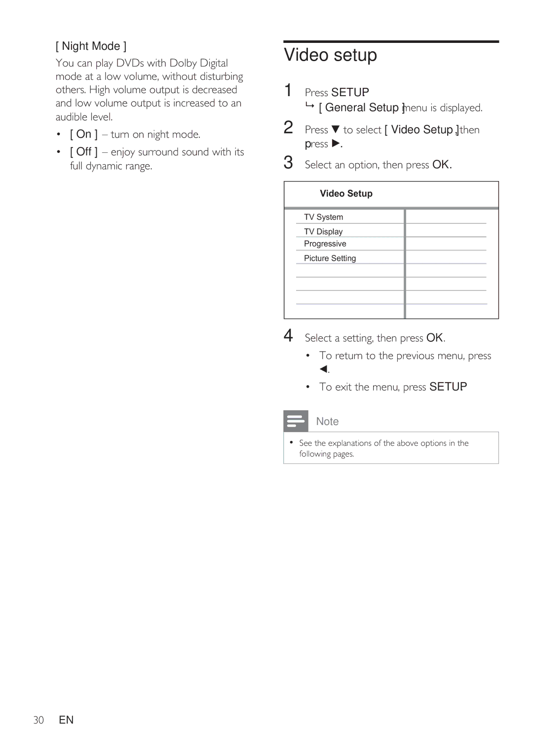 Philips DVP3350K user manual Video setup 