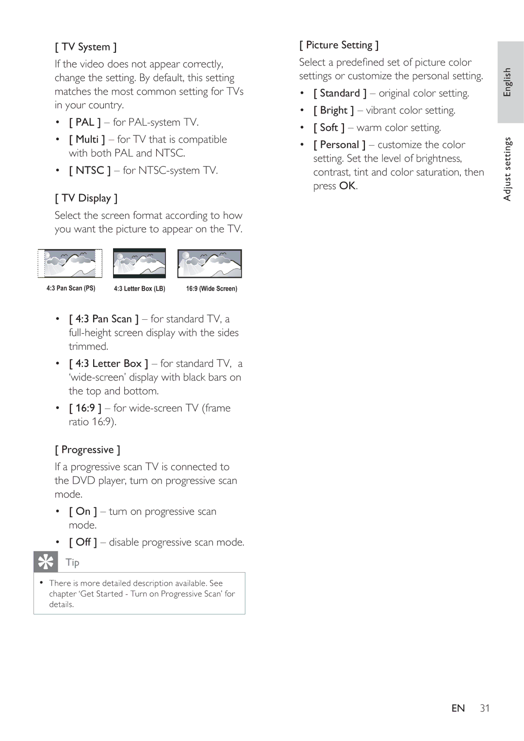 Philips DVP3350K user manual Ntsc for NTSC-system TV TV Display, Picture Setting 