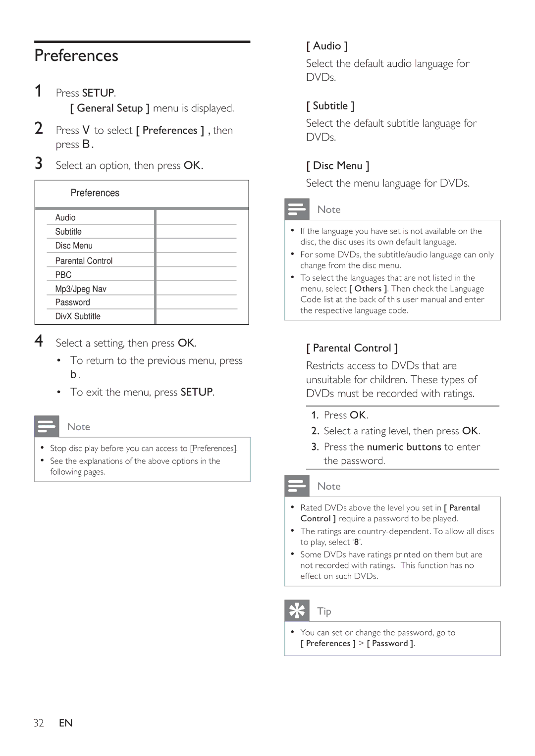 Philips DVP3350K user manual Preferences, Parental Control 