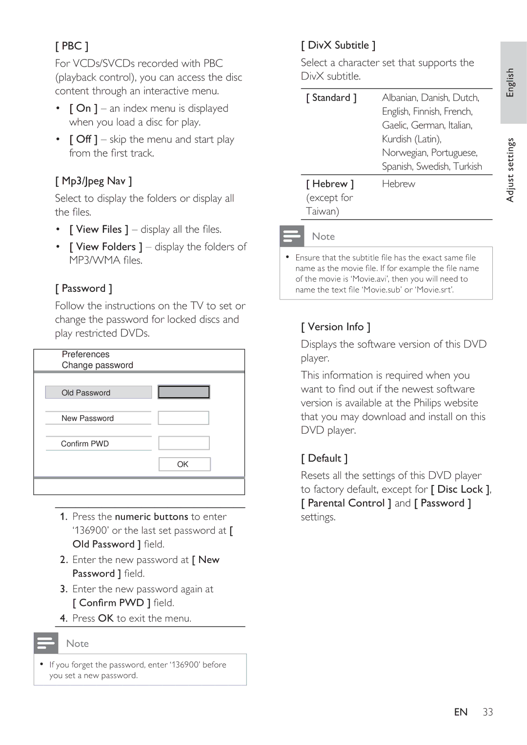 Philips DVP3350K user manual Pbc, Parental Control and Password settings 