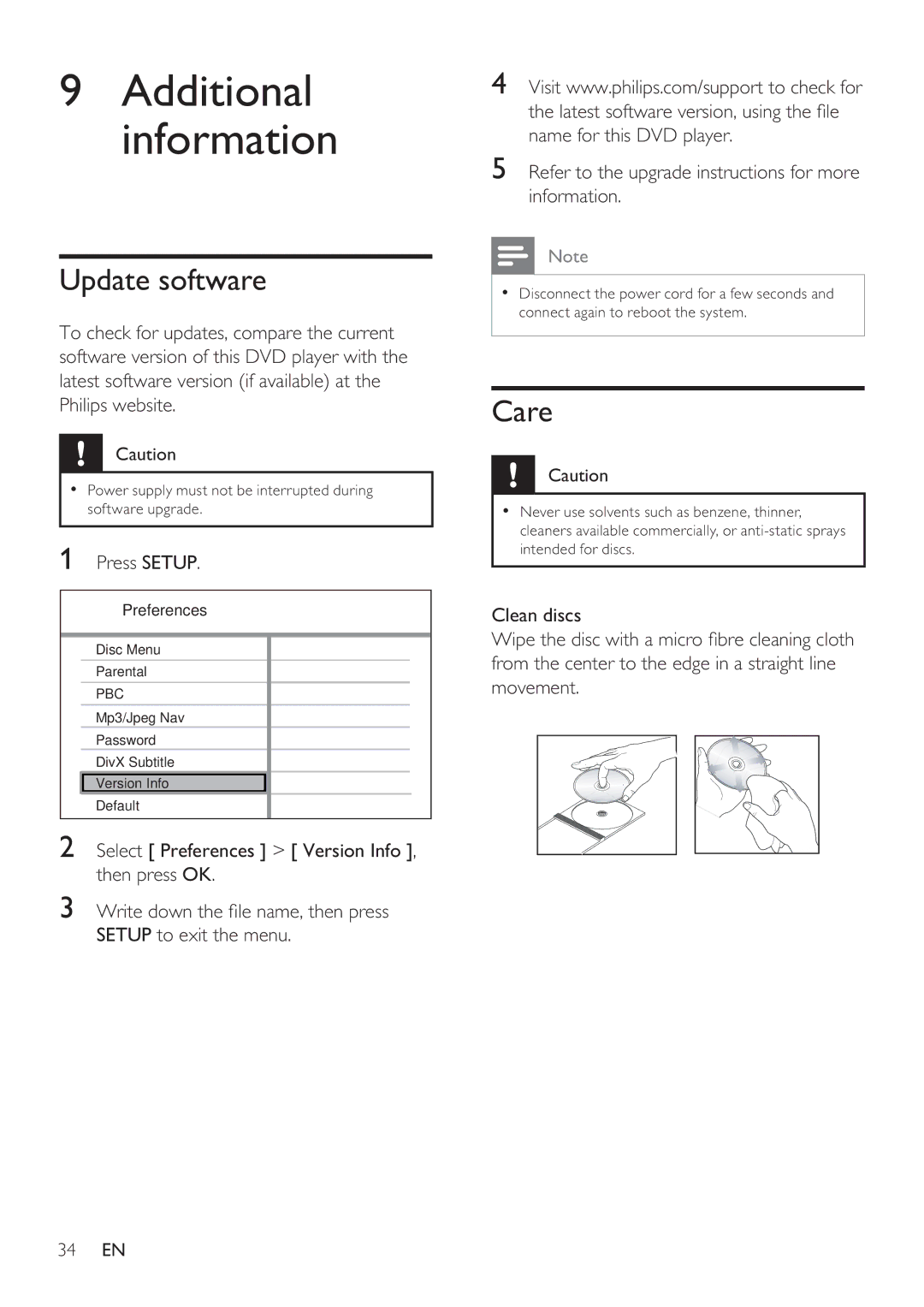 Philips DVP3350K user manual Update software, Care, Press Setup 