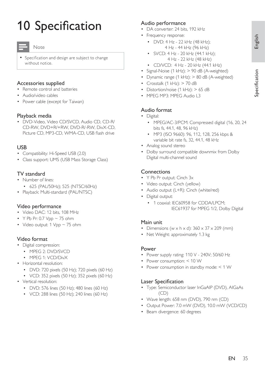 Philips DVP3350K user manual Speci cation 