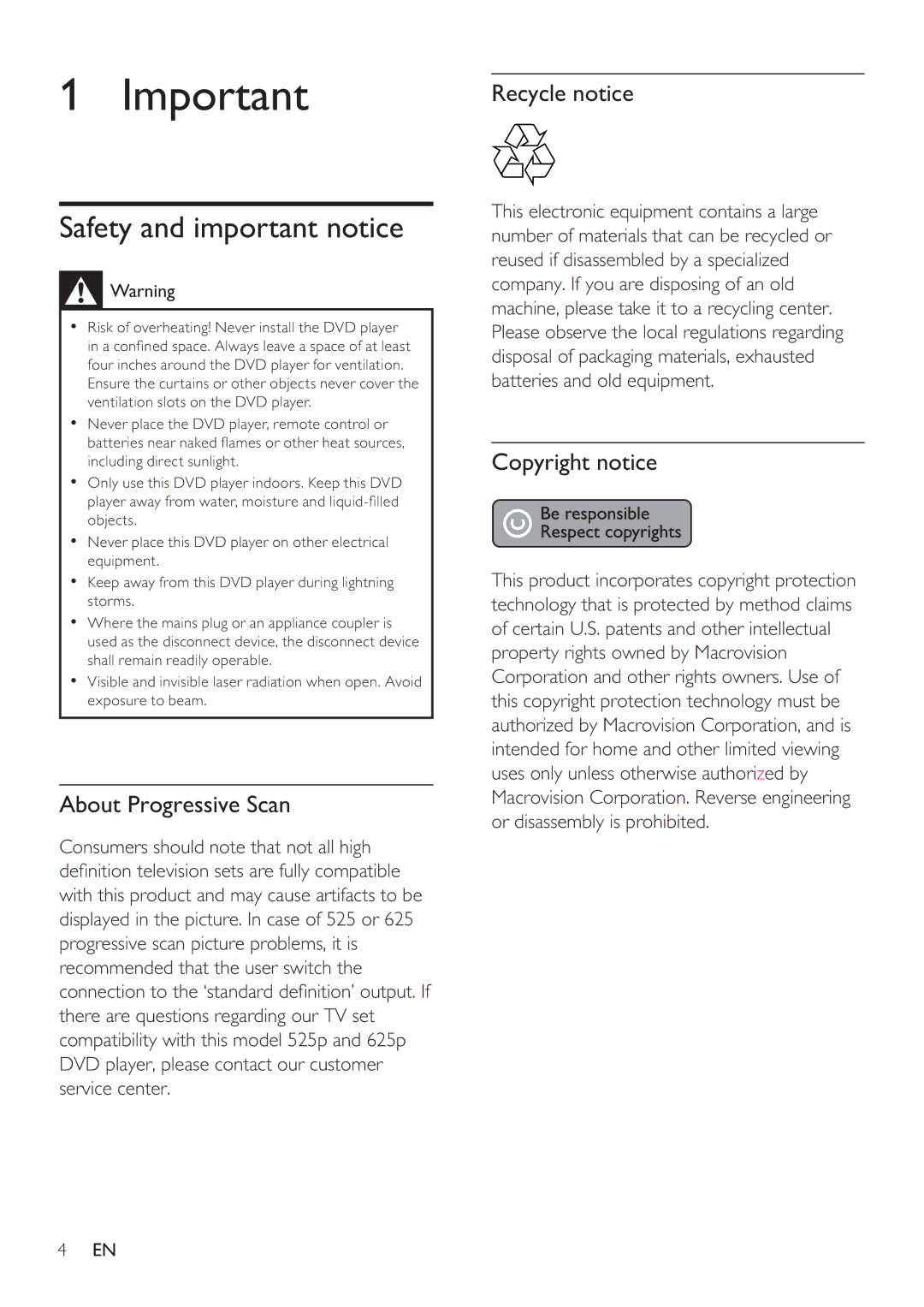 Philips DVP3350K user manual Safety and important notice, About Progressive Scan, Recycle notice, Copyright notice 