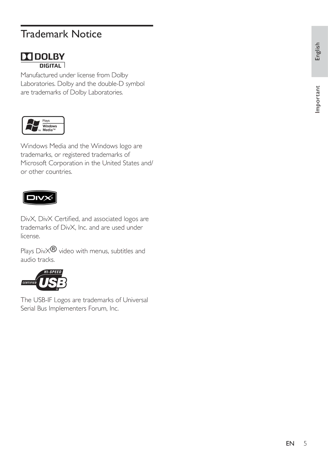 Philips DVP3350K user manual Trademark Notice 