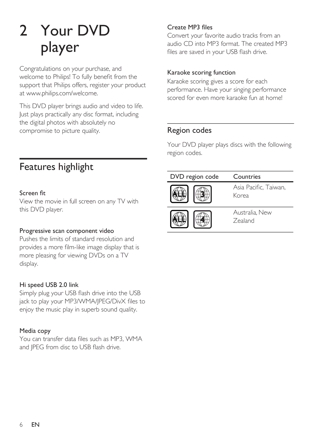 Philips DVP3350K user manual Your DVD player, Features highlight, Region codes 