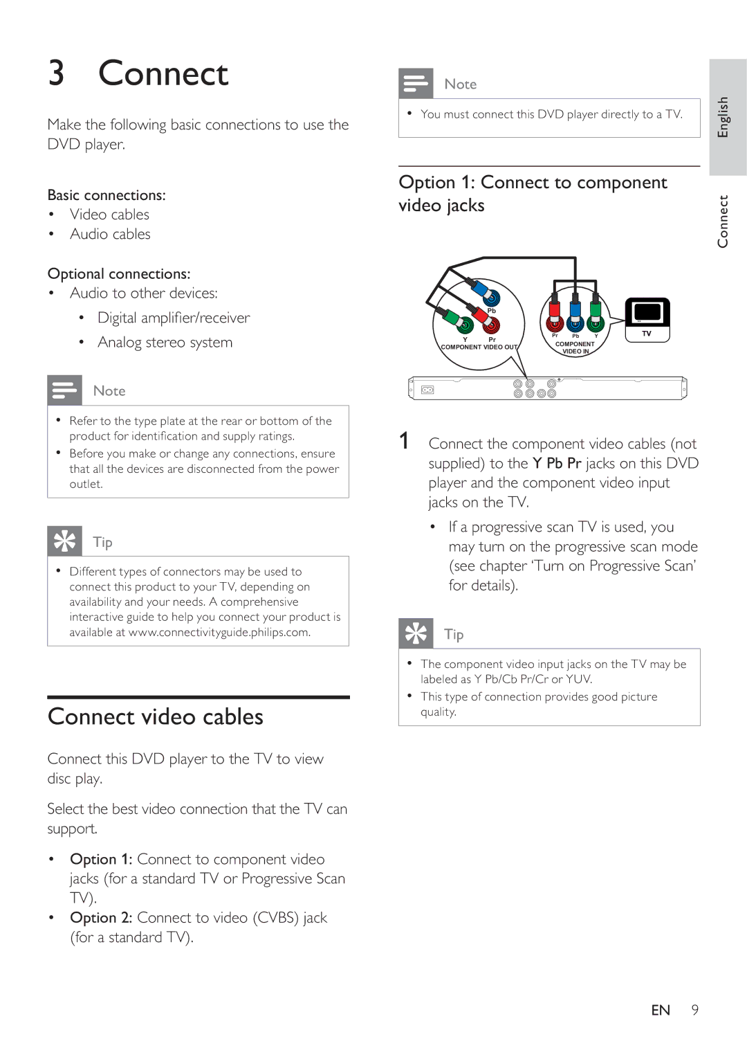 Philips DVP3350K user manual Connect video cables, Option 1 Connect to component Video jacks 