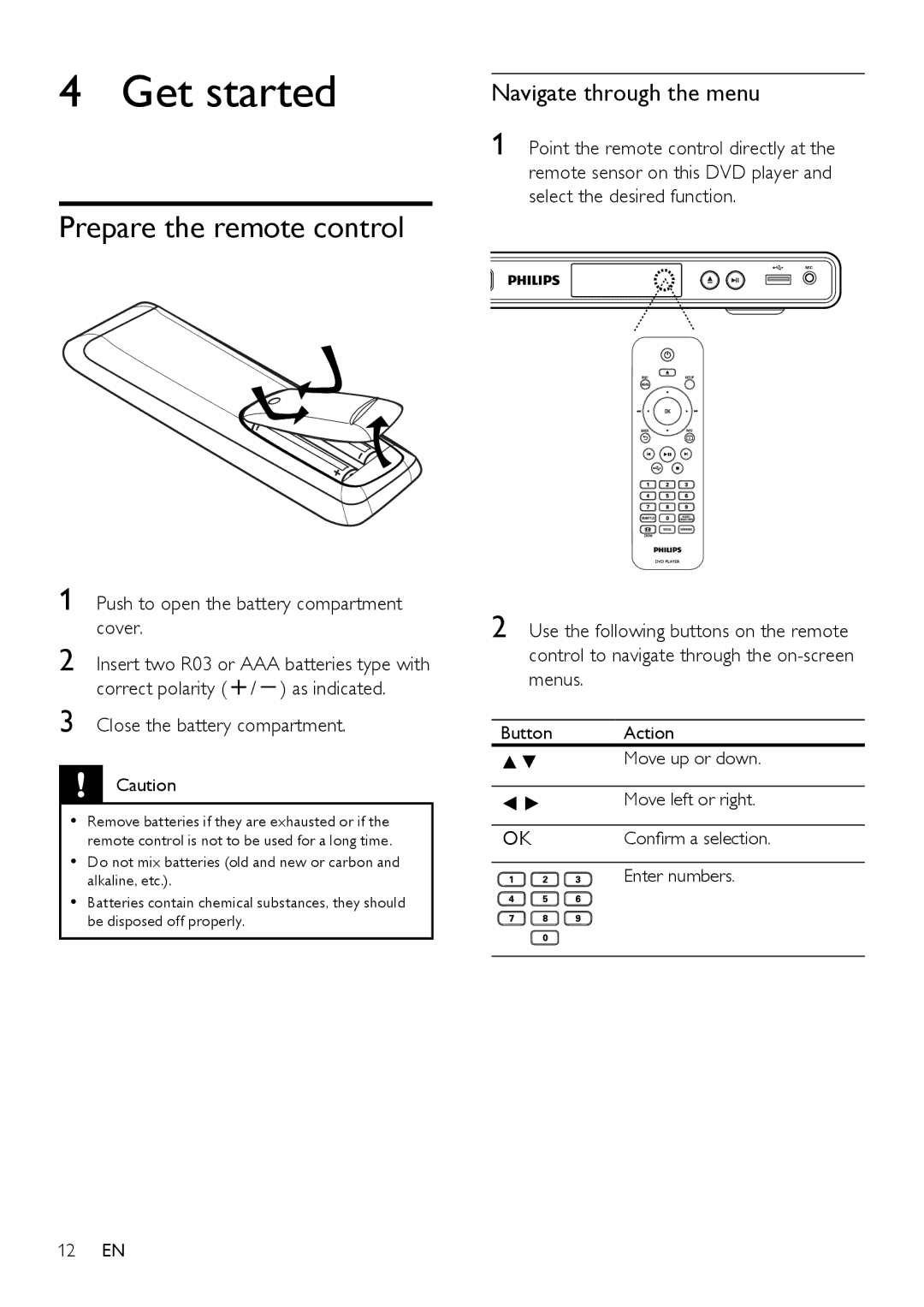 Philips DVP3350K/55, HTP3350KM/55 user manual Get started, Prepare the remote control, Navigate through the menu 