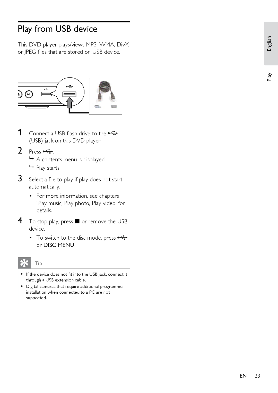 Philips DVP3350K/55, HTP3350KM/55 user manual Play from USB device 