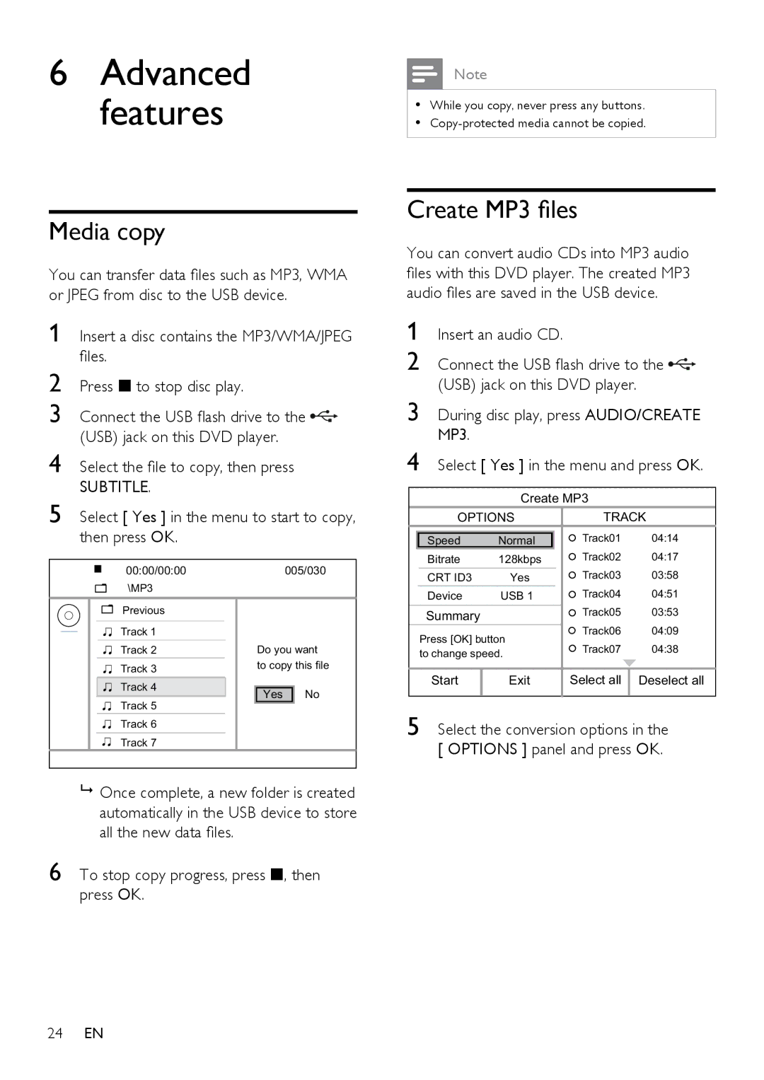 Philips DVP3350K/55, HTP3350KM/55 Media copy, Create MP3 files, Select Yes in the menu to start to copy, then press OK 